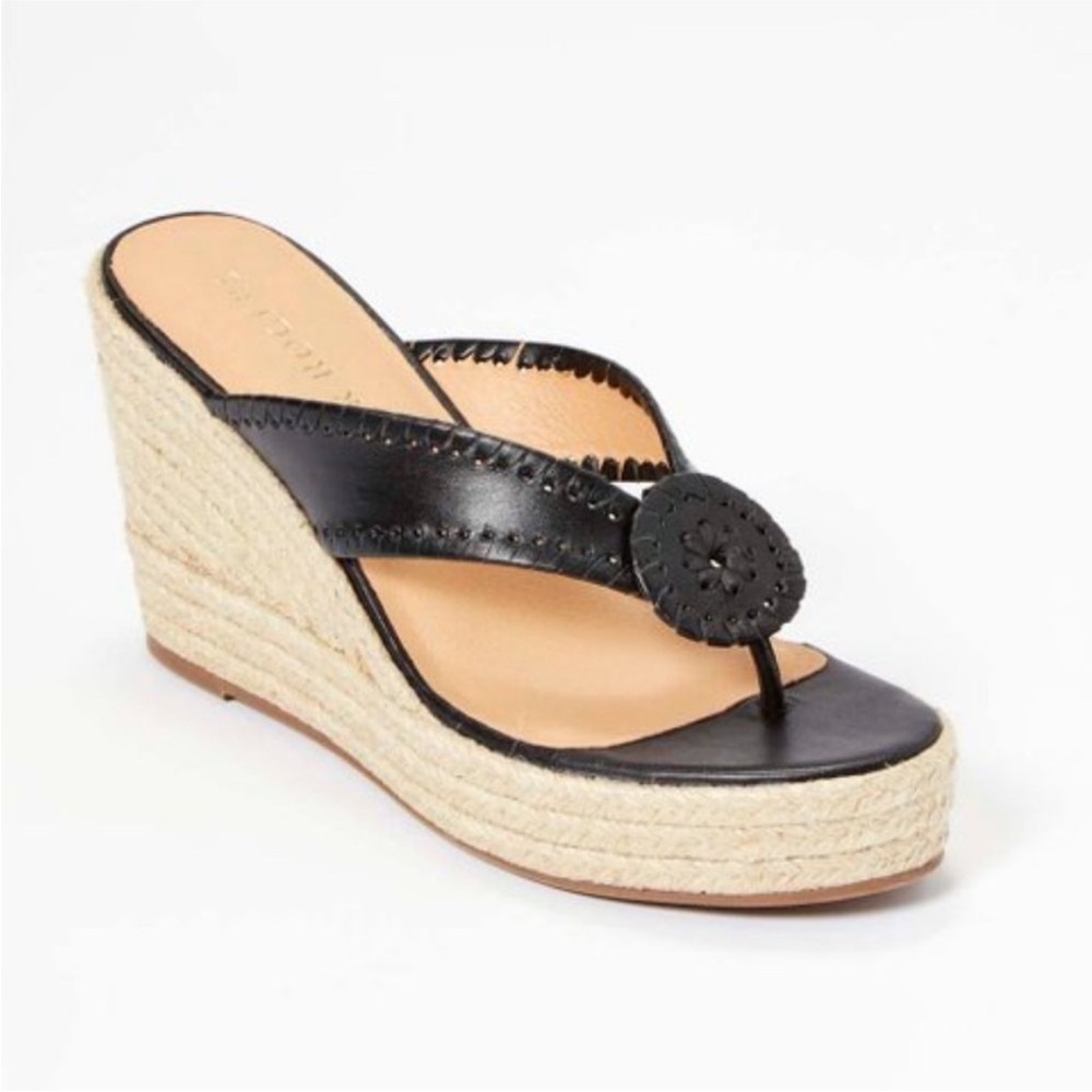 Jack Rogers Black Leather Wedge Sandal with Medallion